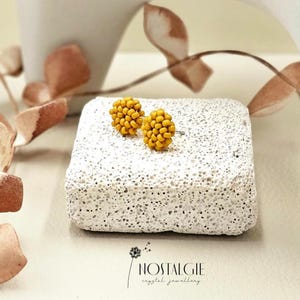 Beaded Stud Earrings, Tiny Bead Earrings, Mustard Yellow Post Earrings