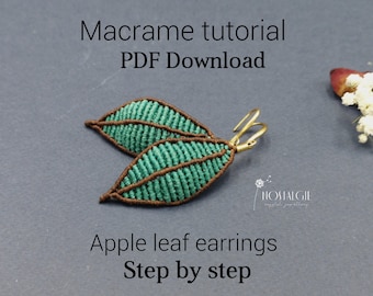 Patron macramé, tutoriel boucles d'oreilles macramé feuille de pomme, fichier PDF anglais