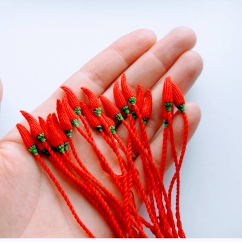 Peut inclure: Un groupe de breloques en forme de piment rouge et vert en crochet avec de longs cordons rouges.