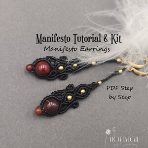 May include: A pair of black and gold macrame earrings with red gemstone beads. The earrings are called "Manifesto Earrings" and come with a PDF tutorial and kit. The text "PDF Step by Step" is also visible in the image.