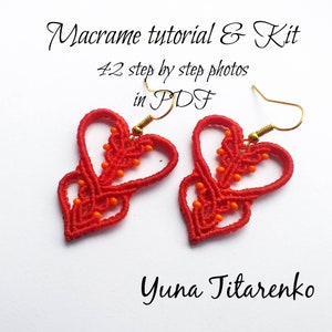 May include: Red macrame heart earrings with orange beads and gold hooks.  Macrame tutorial and kit with 42 step-by-step photos in PDF.  Yuna Titaenko.