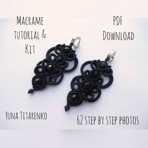 May include: Black macrame earrings with black beads and silver hooks. The earrings are shown against a white background. The text "MACRAME TUTORIAL & KIT" and "PDF DOWNLOAD" is visible in the image. The text "62 STEP BY STEP PHOTOS" is also visible in the image.