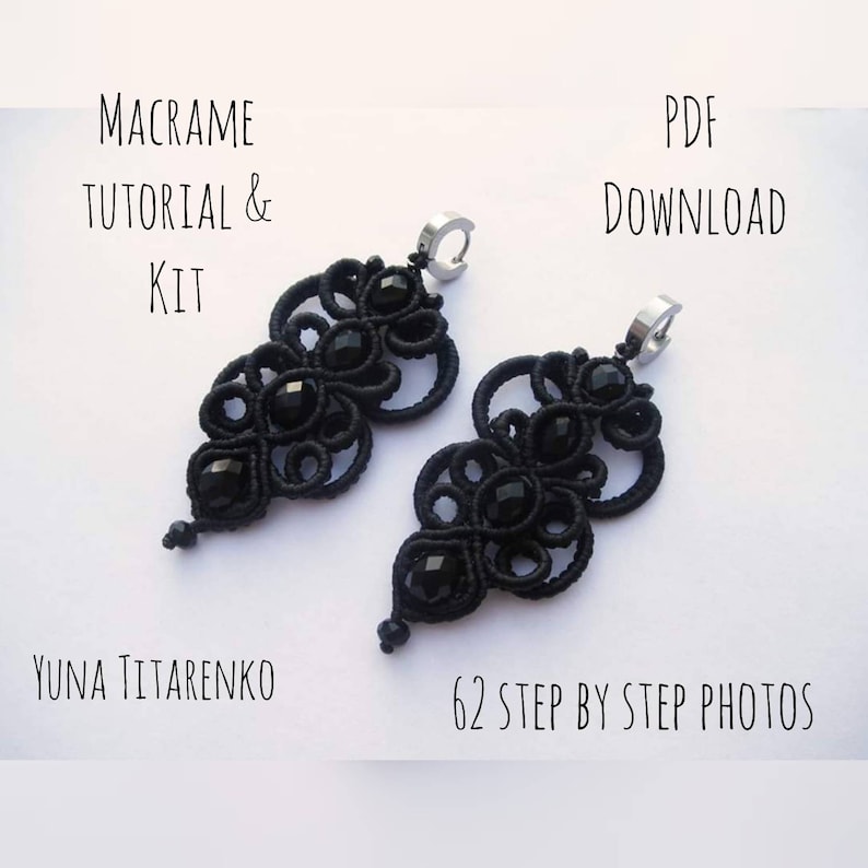 May include: Black macrame earrings with black beads and silver hooks. The earrings are shown against a white background. The text "MACRAME TUTORIAL & KIT" and "PDF DOWNLOAD" is visible in the image. The text "62 STEP BY STEP PHOTOS" is also visible in the image.