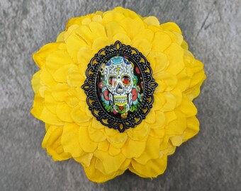 Flower Hair Clip - Flower Accessory - Yellow Flower with a Sugar Skull Cabochon - Flower Hair Clip - Day of the Dead - DotD - La Catrina