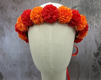 Flower Crown - Red & Orange Marigold Flowers - Ready to Ship - RenFest, Marigold Crown, Frida Kahlo, Coco, Day of the Dead, Mexican Headband