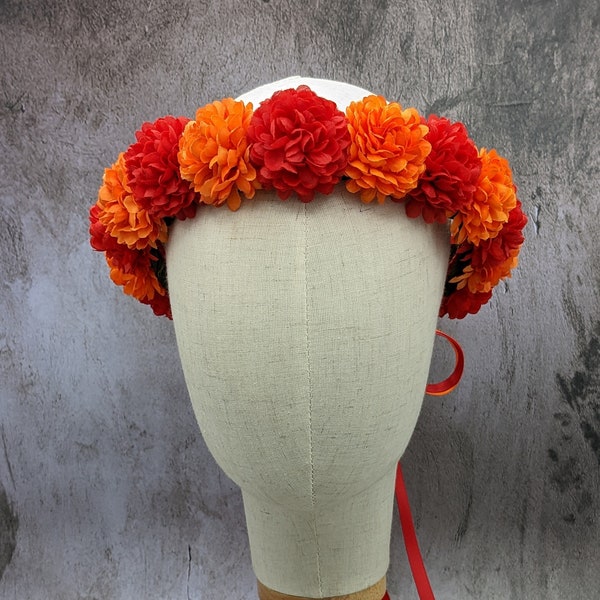 Flower Crown - Red & Orange Marigold Flowers - Ready to Ship - RenFest, Music Festival, Frida Kahlo, Coco, Day of the Dead, Mexican Headband