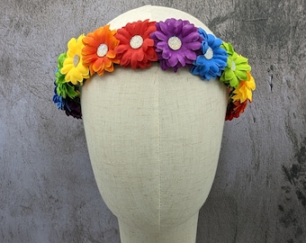 Flower Crown - Rainbow Daisy Flower Crown with Faux Druzy Centers - Ready to Ship - Pride, Music Festival, Birthday, Fairy, Halloween