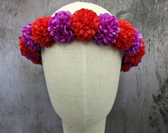 Flower Crown - Red & Purple Marigold Flowers - Ready to Ship - RenFest, Music Festival, Frida Kahlo, Coco, Day of the Dead, Mexican Headband
