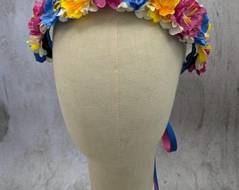 Flower Crown - Blue, Pink, Yellow, & White Flowers - Ready to Ship - RenFest, Festival, Frida Kahlo, Coco, Day of the Dead, Mexican Headband