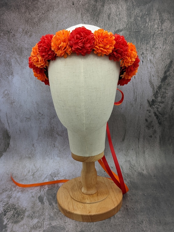 Flower Crown - Red & Orange Marigold Flowers - Ready to Ship