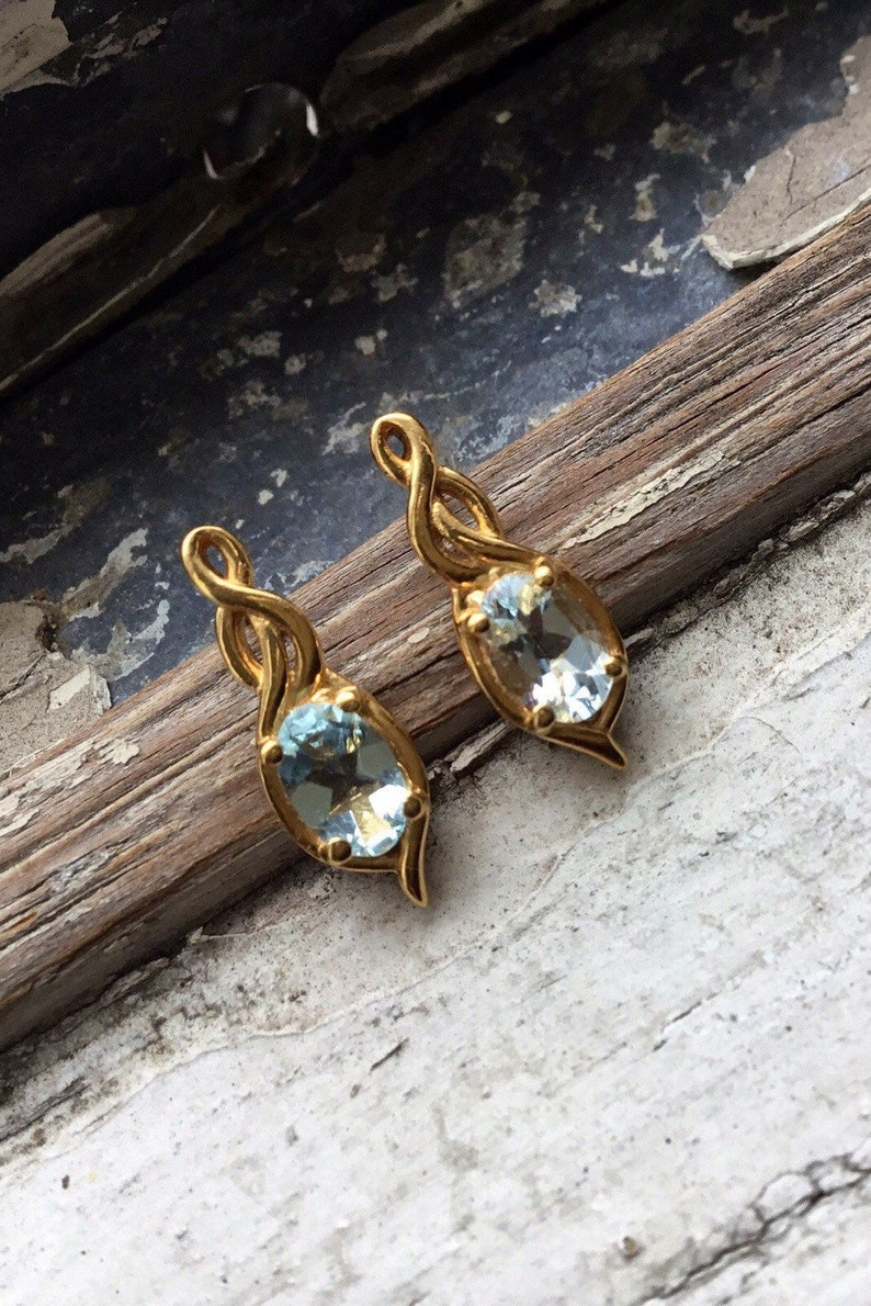 Infinity Art Drop Earrings in High Polish Gold Vermeil Gift for Her 0.80 cts Brand New 6x4mm Oval Natural Aquamarine