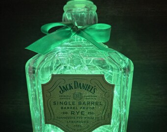 Jack Daniels Single Barrel Rye Liquor bottle.  LED Battery operated lights. Blue