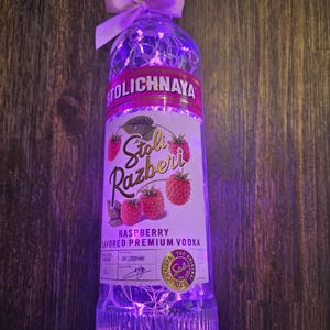 Stoli Razberi Liquor bottle.  LED Battery operated lights.