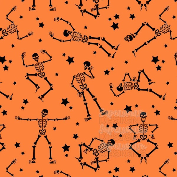 Halloween orange and black skeletons seamless pattern