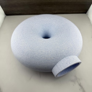 Könnte beinhalten: Eine hellblaue, gesprenkelte, donut-förmige Vase mit einer glatten, abgerundeten Oberseite und einer zentralen kreisförmigen Öffnung. Ein kleiner, hervorstehender, ovaler Hals ragt seitlich heraus und zeigt ein kleines, geprägtes Stuhlsymbol.