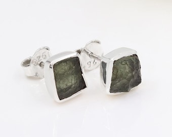 Genuine Moldavite Stud Earrings - Handmade Silver Studs for Women, Unique Gemstone Gifts