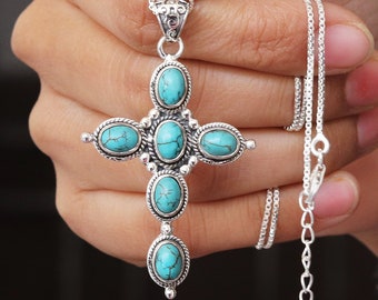 Turquoise Cross Necklace Pendant | 925 Sterling Silver Religious Jewelry | Boho Western Style Christmas Gift