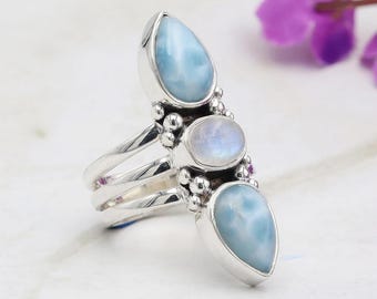 Handmade 925 Sterling Silver Larimar & Moonstone Three-Stone Statement Ring - Best Gift for Her