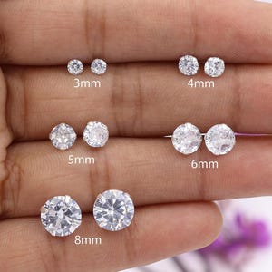 CZ Stud Earrings in 925 Sterling Silver | Simulated Diamond Earrings for Women | Choose 3mm to 8mm