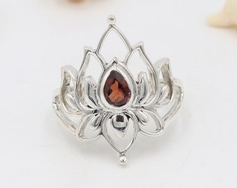 Garnet Ring, Mother's Day Gifts, Statement Ring, Ring For Women, Promise Ring, Lotus Ring, Sterling Silver Ring, Friend Gift, Gemstone Ring