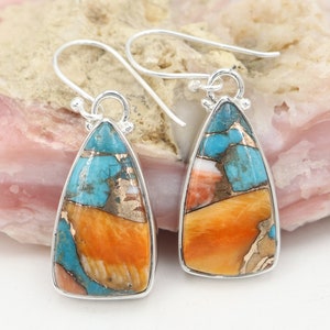 Spine Oyster Turquoise Dangle Earrings | Solid Silver Gemstone Earrings for Her