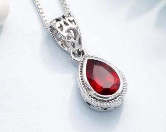 Garnet Pendant Necklace | 925 Sterling Silver | January Birthstone Gift for Her