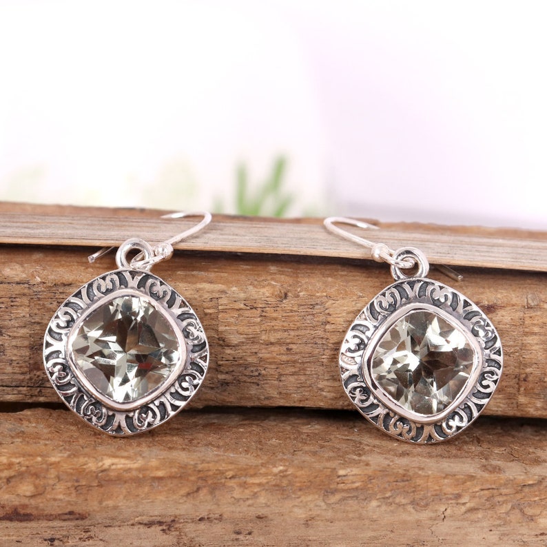 February Birthstone Jewelry,Cushion Cut Green Amethyst Earring Ethnic Design Green Amethyst Gemstone Sterling Silver Dangle Earring Jewelry
