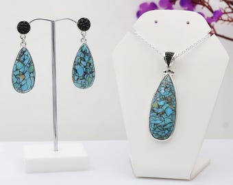 Tibetan Turquoise Necklace and Earrings Set, Sterling Silver Jewelry, Women’s Jewelry, Leather Pendant and Earrings, Unique Jewelry Gift Set