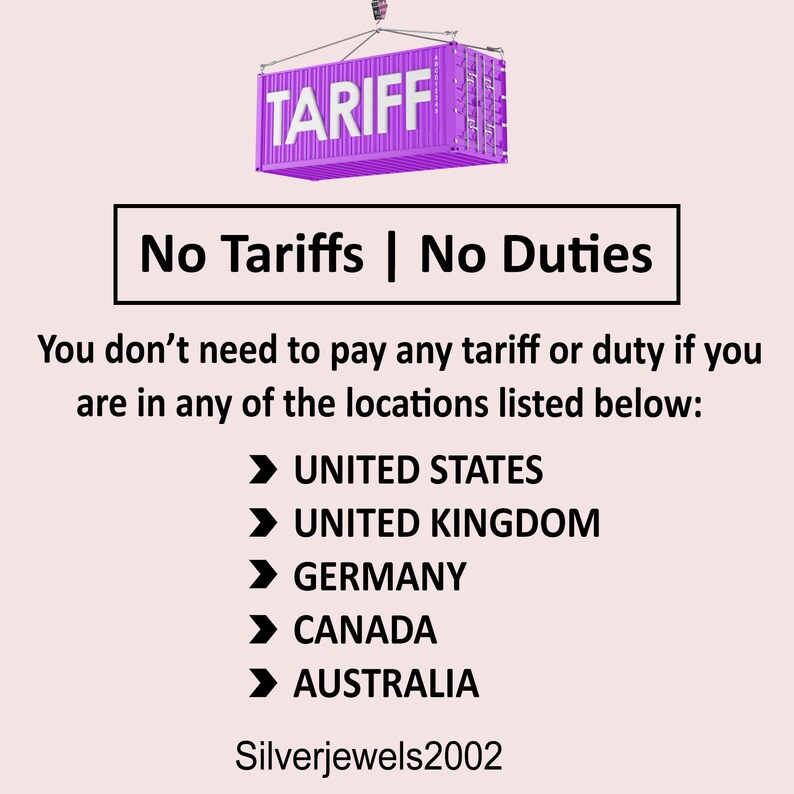 May include: A purple shipping container with the word "TARIFF" in white text. Below, the text reads "No Tariffs | No Duties" and lists countries including the United States, United Kingdom, and Germany.