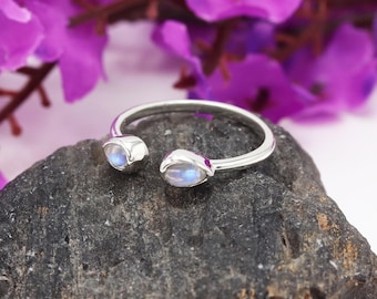 Rainbow Moonstone Ring, 925 Silver, Two-Stone Open Ring, June Birthstone Handmade Jewelry, Gemstone Statement Ring, Christmas Gift for Her