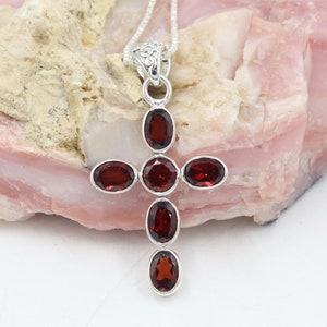 Garnet Cross Necklace, Solid Silver Necklace, Cross Pendant, January Birthstone Necklaces, Gemstone Pendant, Gift For Her, Christmas Gift