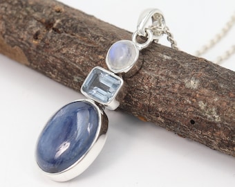 Maansteenketting, kyanietkettingen, massief zilveren hangerketting, statementketting voor vrouwen, ketting met blauwe topaas, cadeau voor haar