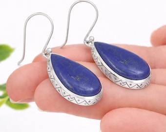 Lapis Lazuli örhängen, silverörhängen, handgjorda örhängen, damörhängen, droppformade ädelstensörhängen, hängande örhängen, bästa presenten till henne