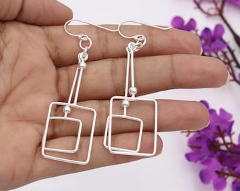 Handmade 925 Silver Geometric Square Drop Earrings | Minimalist Women's Jewelry
