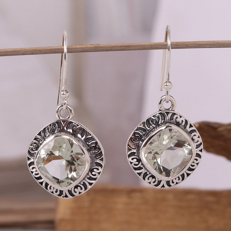 February Birthstone Jewelry,Cushion Cut Green Amethyst Earring Ethnic Design Green Amethyst Gemstone Sterling Silver Dangle Earring Jewelry