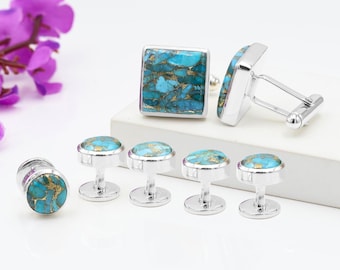 Turquoise Cufflinks and Button Studs Set, Sterling Silver Men's Jewelry Set, Gemstone Shirt Studs, Onyx Wedding Accessories, Gift for Groom