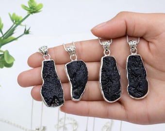 Raw Tektite Pendant Necklace | 925 Sterling Silver Pendant with Chain | Natural Tektite Glass Gemstone | Handmade Unisex Jewelry Gift