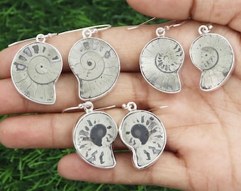 Fossil Ammonite Earrings, 925 Silver Drop Dangle Earrings, Natural Gemstone Jewelry, Statement Earrings for Women, Handmade Gift for Her