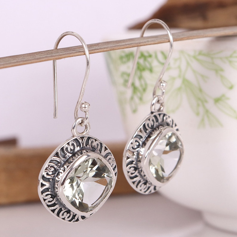 February Birthstone Jewelry,Cushion Cut Green Amethyst Earring Ethnic Design Green Amethyst Gemstone Sterling Silver Dangle Earring Jewelry