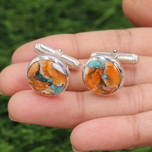Turquoise Spiny Oyster Cufflinks, 925 Sterling Silver Cufflinks, Men&#39;s Round Gemstone Jewelry, Formal Shirt Accessories, Groom Wedding Gift