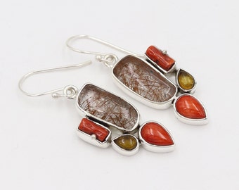 Rutilated Quartz, Amber, Coral, Citrine, Gemstone Earrings, Dangle Drop Earrings, Handmade Jewelry, Christmas Silver Jewelry, Gifts for Her