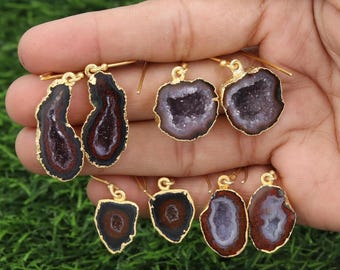 Pendientes de oro de 18 quilates con geoda de Tabasco y drusa – Colgantes de plata de ley, joyería de cristal hecha a mano