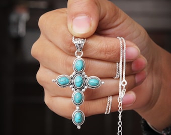 Turquoise Cross Necklace Pendant, 925 Sterling Silver Pendant Necklace, Religious Necklaces, Boho Western Cross Pendant, Best Christmas Gift