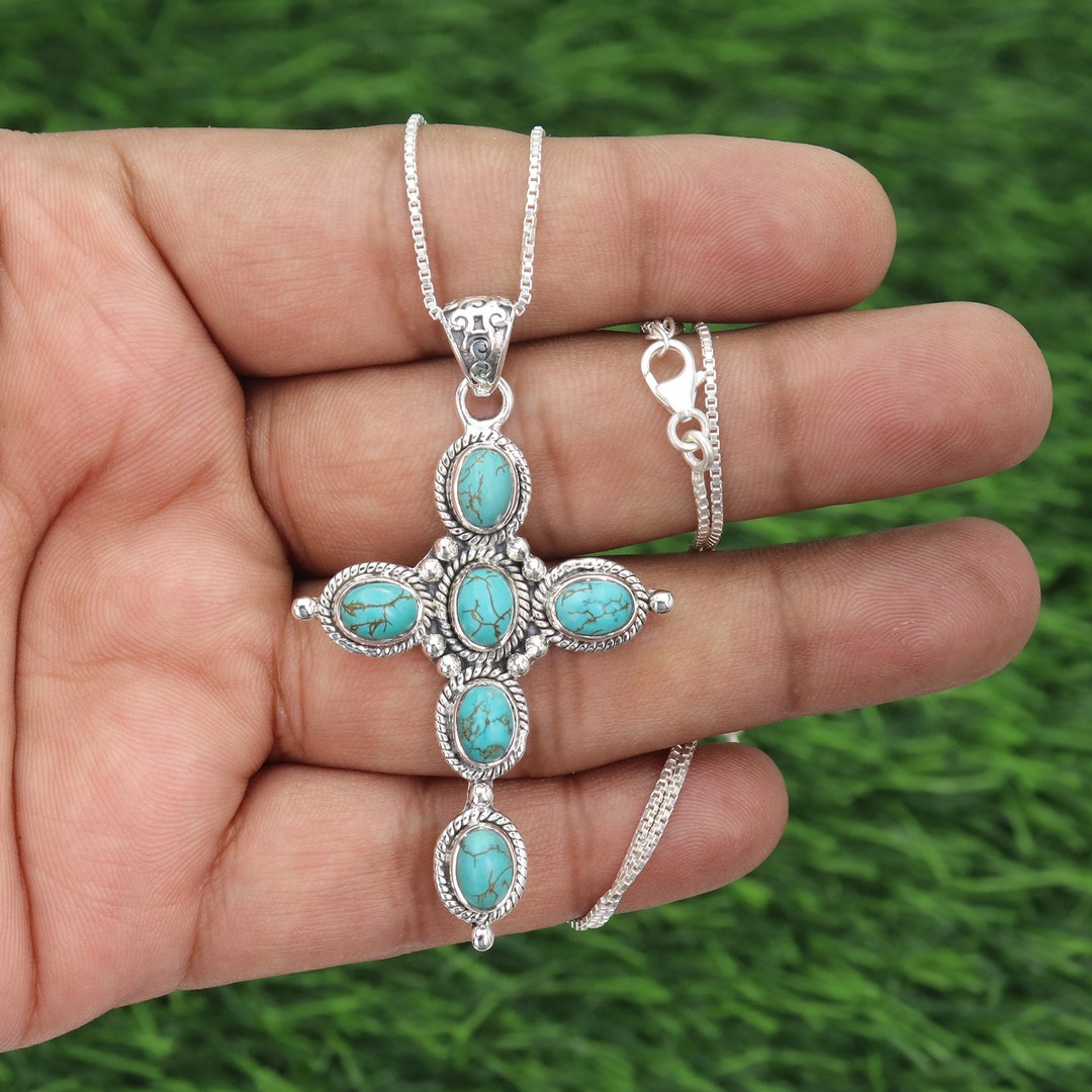 Turquoise Cross Necklace Sterling Silver Cross Pendant Etsy