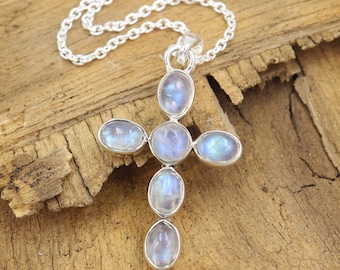 Moonstone Cross Necklaces, Sterling Silver Necklace, Moonstone Pendant, Birthstone Pendant, Handmade Pendant Necklaces, Unisex Necklace