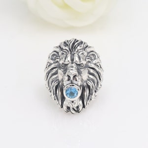 Lion Men Ring, Ring For Men, Blue Topaz Ring, Lion Head Ring, Men Animal Ring, Sterling Silver Ring, Lion Head Silver Ring, Oxidized Ring