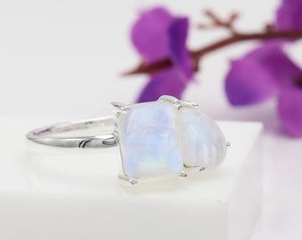 Rainbow Moonstone Ring, 925 Sterling Silver Ring, Two Gemstone Ring, Handmade Ring, June Birthstone Ring, Anniversary Gift, Christmas Gift