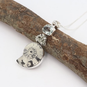 Ammonite Pendant, Pyrite Green Amethyst Necklaces, Sterling Silver Pendant, Natural Gemstone Pendant, Handmade Gift, Christmas Gift For Her
