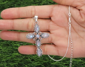 Moonstone Necklace, 925 Sterling Silver, Moonstone Cross Pendant, Moonstone Jewelry, June Birthstone Necklace, Religious Gifts, Gift For Her