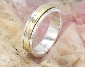 Anxiety Ring, Solid Silver Ring, Fidget Rings, Spinner Ring, Meditation Ring, Thumb Ring, Two Tone Ring For Women, Hammered Ring